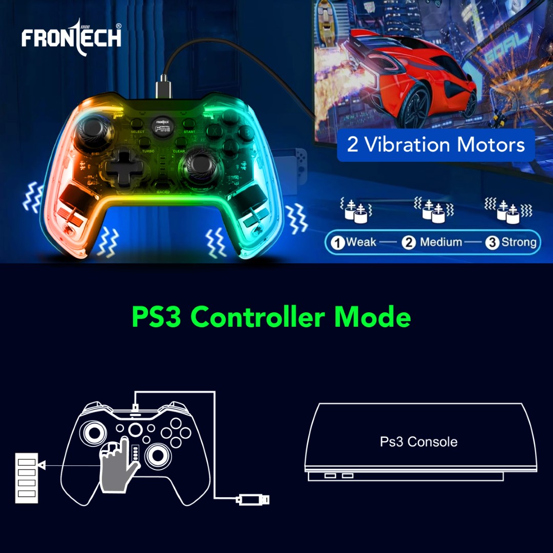 Frontech Fire Wired Gaming Pad | USB-C, Dual Vibration, RGB | PS3/PC/Android TV (GP-0001) Frontech Fire Wired Gaming Pad | USB-C, Dual Vibration, RGB | PS3/PC/Android TV (GP-0001)